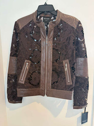 Brown Lace and Faux Leather Bomber Jacket