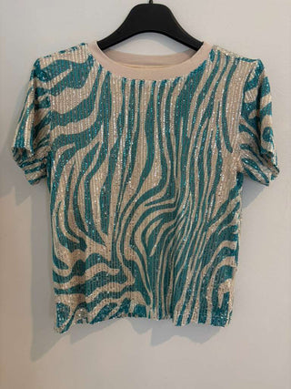 Teal Sequin Zebra Stripe Graphic Tee
