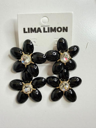 Black Flower Crystal Center Earrings
