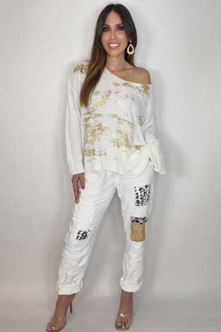Style the Gold Metallic One Size Waffle Knit Sweater exclusively at Born To Glam