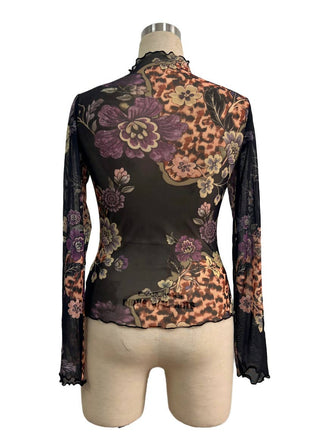 Vintage Floral Print Mesh Long Sleeve Slim Fit Top mannequin view