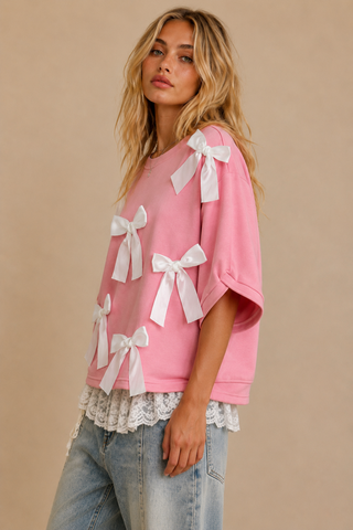 Soft Pink Rosy Bow-Embellished Short-Sleeve Top alternate view