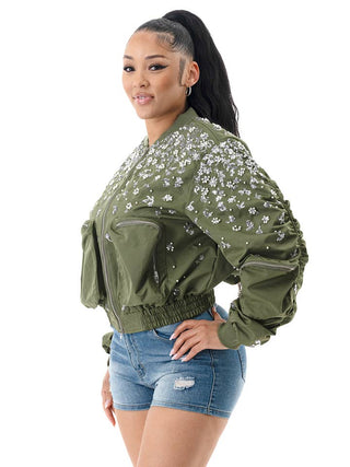 Olive Floral Pearl Long Sleeve Bomber Jacket – supplier photo 3