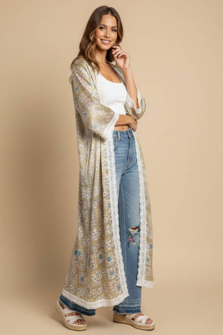 Lime Green Floral Lace-Trim Kimono Cardigan