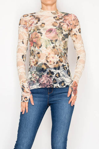 Sheer Flower Lace Mesh Long Sleeve Top – OLS-4865BG-LEO FL - Born To Glam