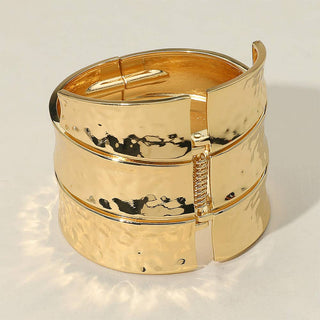 Bold Wide Textured Metal Hinged Bangle Bracelet - Born To Glam