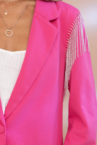 Hot Pink Boyfriend Rhinestone Fringe Shoulder Blazer - Born To Glam