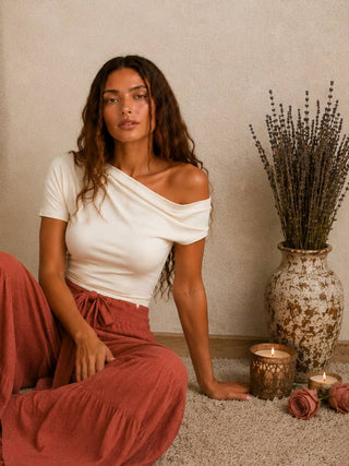 Ivory Asymmetric Shirring Off-Shoulder Top