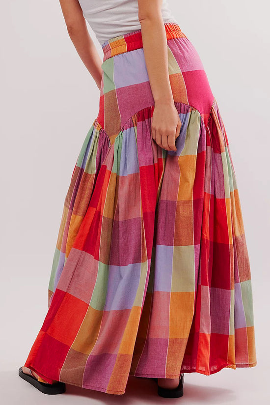 Multicolour Plaid Print Ruched High Waist Casual Maxi Skirt Born To Glam