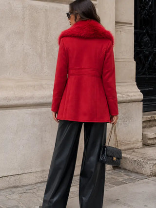 Red Luxe Faux Fur-Collar Tailored Coat