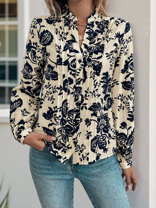 Beige Floral Pintuck Split Neck Blouse alternate