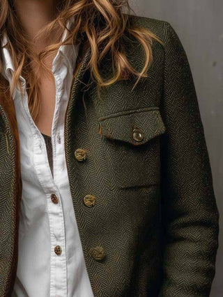 Army Green Herringbone Tweed Blazer with Velvet Trim Army Green view 4