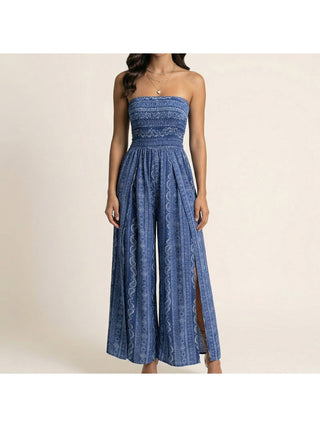 Blue Printed Smocked Strapless Wide Leg Jumpsuit front