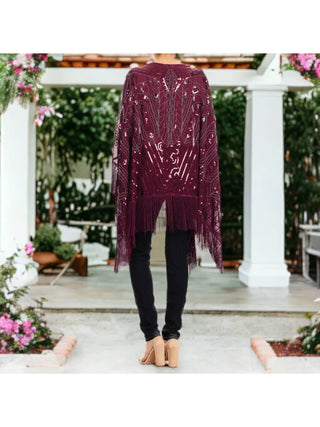 Burgundy Sequin Fringe One Sized Shrug detail