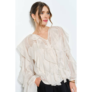 Layered Ruffle Sheer Chiffon Button-Up Blouse - Born To Glam