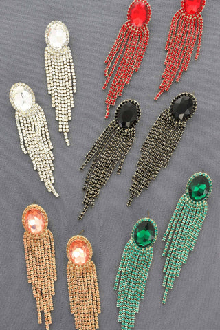 Oval Rhinestone Crystal Halo Drop Tassel Earrings - Born To Glam