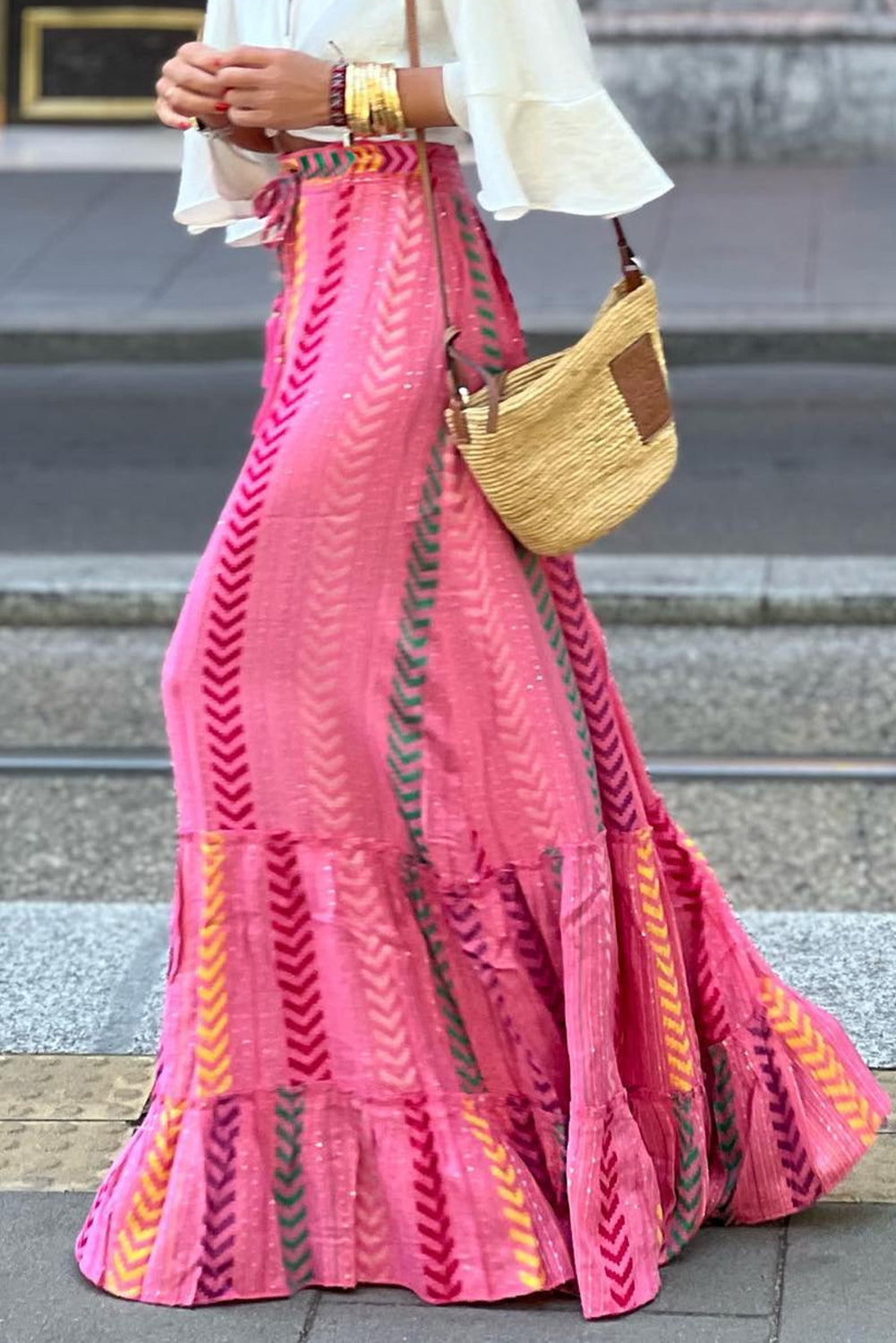 Pink Boho Printed Tasseled Drawstring Ruffled Maxi Skirt Born To Glam