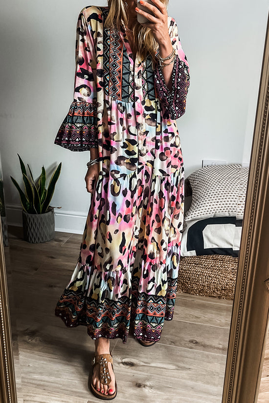 Pink Western Leopard Printed 3/4 Sleeve Buttoned Front Tiered Maxi Dress Born To Glam