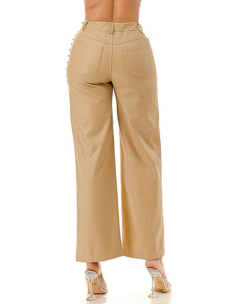 Beige Studded Wide Leg Faux Leather Pants – supplier view 3