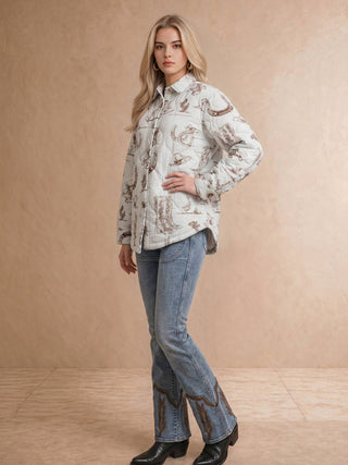 White Taupe Western Printed Quilted Shacket - Faire photo 3