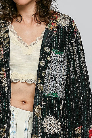 Black Handcrafted Stitch Waistband Kimono Top