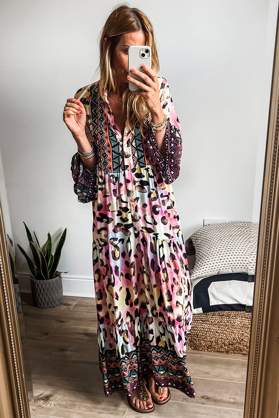 Pink Western Leopard Printed 3/4 Sleeve Buttoned Front Tiered Maxi Dress Born To Glam