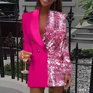 Color Block Sequin Blazer Dress Deep V Party Mini Pink