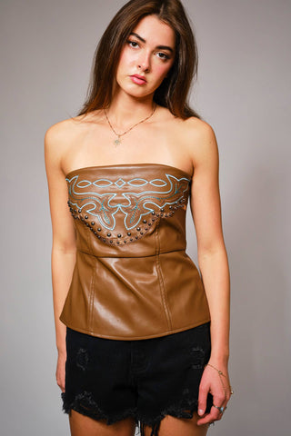 Western Embroidered Faux Leather Tube Top - Born To Glam