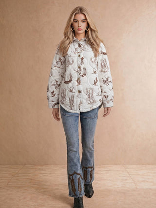 White Taupe Western Printed Quilted Shacket - Faire photo 2