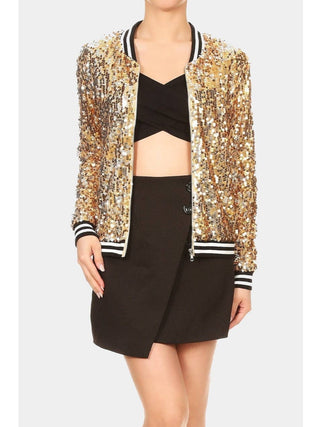 Gold Sequin Bomber Zip-Up Jacket front