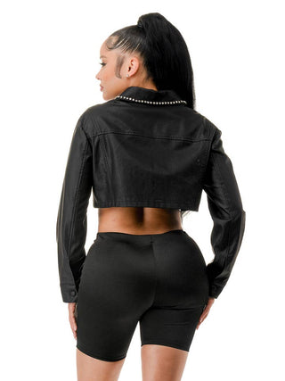 Black Jewel Trim Long Sleeve Cropped Faux Leather Jacket – supplier view 2
