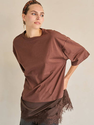 Brown Asymmetric Lace Trim Oversized Tee