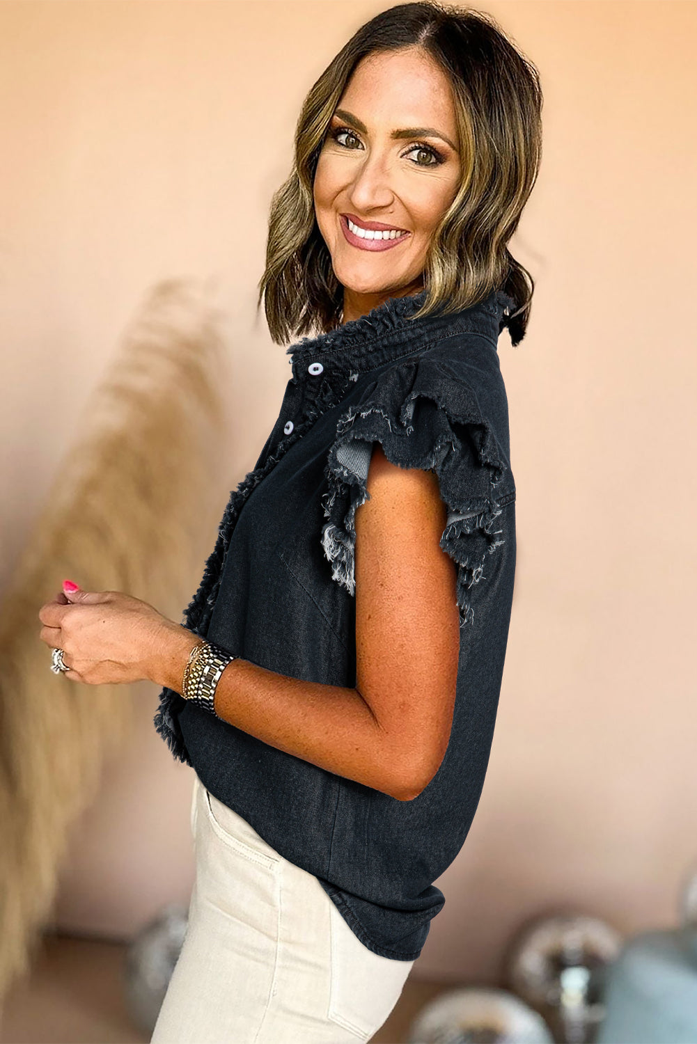 Black Button Front Ruffled Flutter Frayed Denim Top Born To Glam