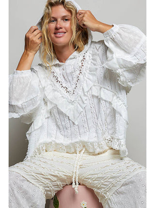 Off White Romantic Lace Ruffle Balloon Sleeve Floral Trim Hoodie duplicate