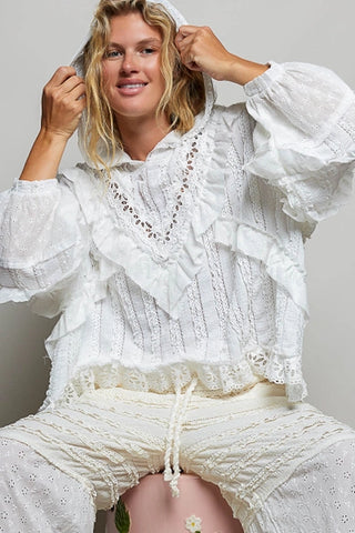 Off White Romantic Lace Ruffle Balloon Sleeve Floral Trim Hoodie
