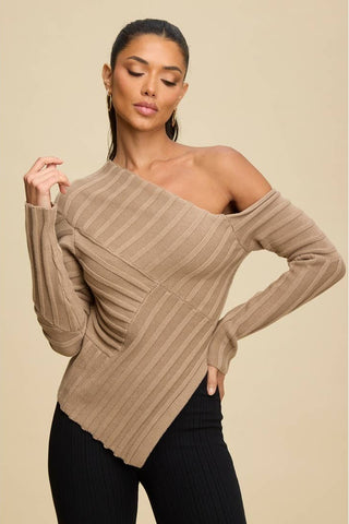 One Shoulder Knit Top Taupe - Born To Glam