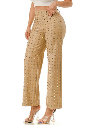 Beige Studded Wide Leg Faux Leather Pants – supplier view 2