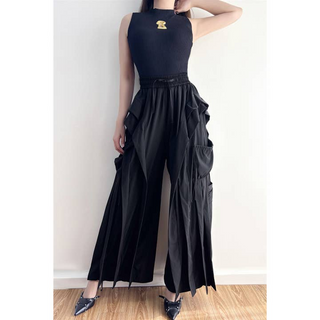 Black Ruffle Cargo Wide Leg Pants