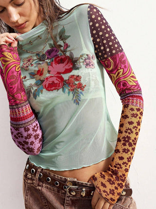 Floral Mock Neck Long Sleeve Top - Picture Color
