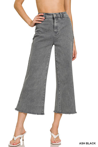Acid Washed Frayed Cutoff Hem Straight Wide Pants - Born To Glam