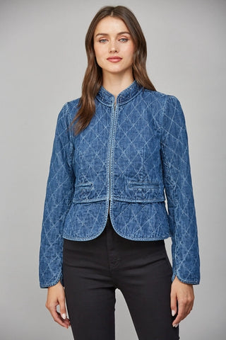 Dark Denim Quilted Zip Front Jacket