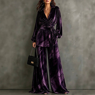 Purple Velvet Wrap Top and Wide Leg Pants Set