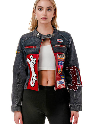 Black Racing Patch Long Sleeve Moto Denim Jacket – supplier photo 1