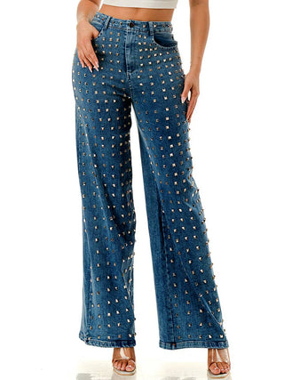 Blue Studded Wide Leg Denim Pants – front view