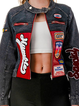 Black Racing Patch Long Sleeve Moto Denim Jacket – supplier photo 3