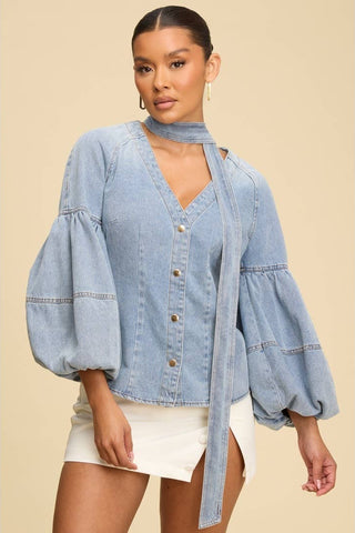 DENIM PUFF SLEEVE NECK TIE TOP - Born To Glam