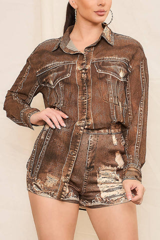 Denim Effect Chiffon Blouse Shorts Set