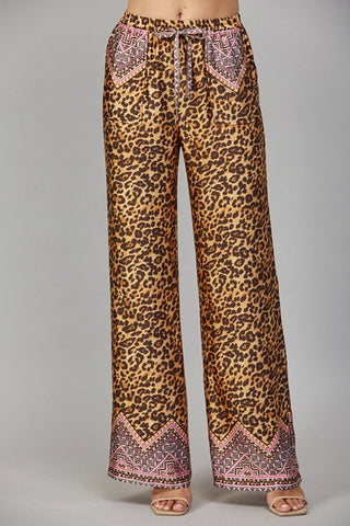 Brown Animal Motif Border Print Wide Leg Pants