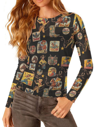 Vintage Cowgirl Collage Long Sleeve Mesh Top