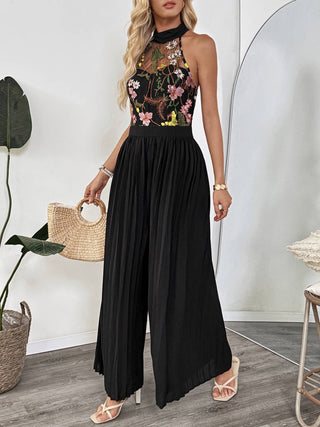 Black Embroidered Mesh Halter Pleated Jumpsuit front